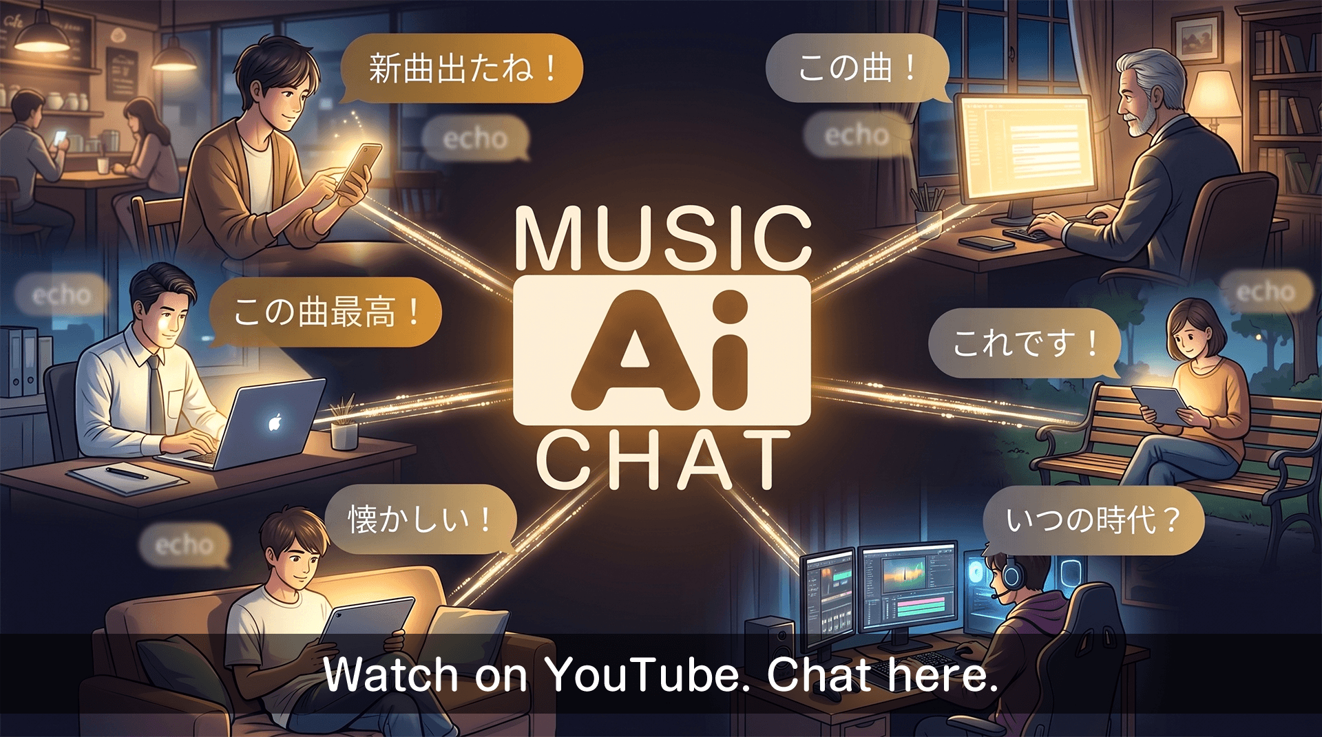 洋楽AIチャット：同じタイミングでYouTubeを視聴し、チャットで交流するイメージ